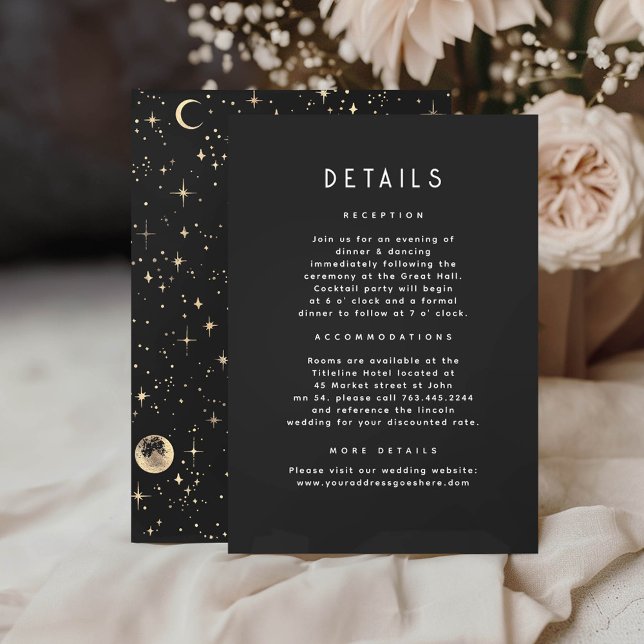 Tarjeta De Recepción Detalles del Boda Starry Night Celestial Black Gol (Celestial Black Details Cards)