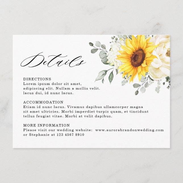 Tarjeta De Recepción Detalles del Boda Sunflower Ivory Peony Eucalyptus (Anverso)