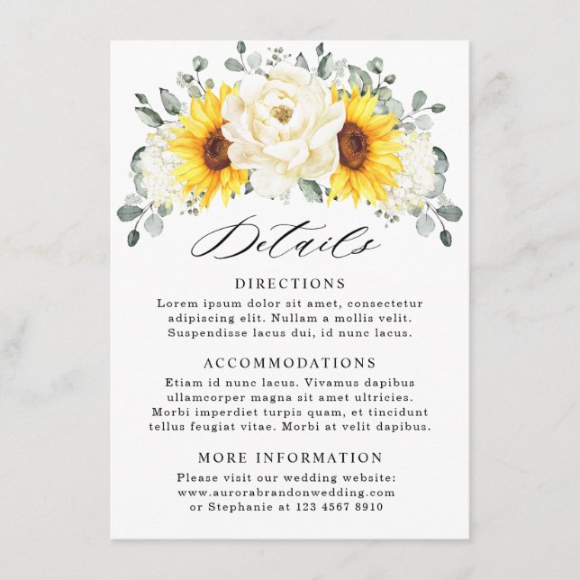 Tarjeta De Recepción Detalles del Boda Sunflower Ivory Peony Eucalyptus (Anverso)