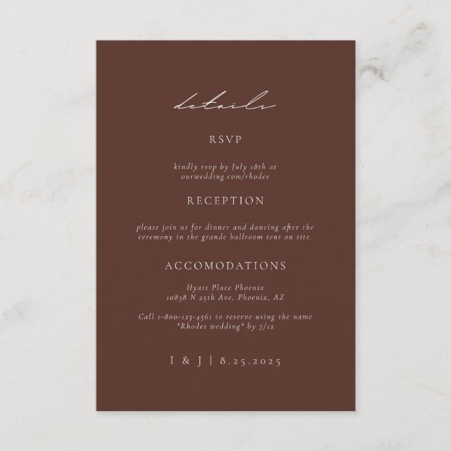 Tarjeta De Recepción Detalles del Boda SYDNEY Espresso (Anverso)