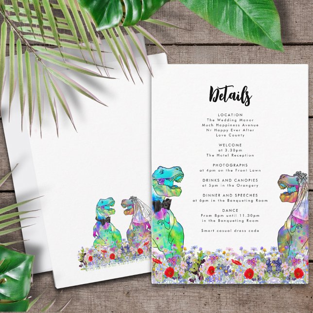 Tarjeta De Recepción Detalles del Boda temático de los dinosaurios (T-Rex bride and groom with colorful wildflowers dinosaur wedding invitation details enclosure card)