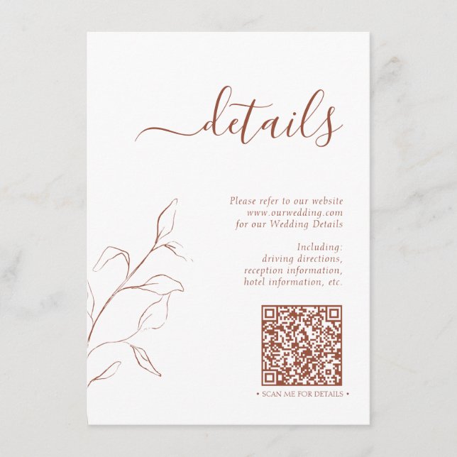Tarjeta De Recepción Detalles del Boda Terracotta de código QR moderno (Anverso)