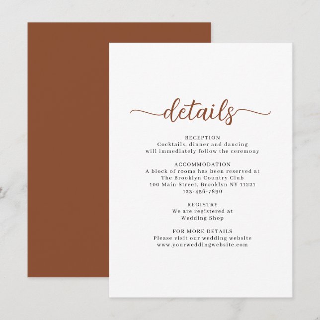 Tarjeta De Recepción Detalles del Boda Terracotta de guión moderno (Anverso / Reverso)
