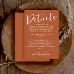 Tarjeta De Recepción Detalles del Boda Terracotta Naranja quemado simpl<br><div class="desc">Una elegante y sencilla tarjeta minimalista de detalles del gabinete del naranja boho boda. Que incluye una plantilla minimalista con fondo elegante de naranja quemado. Y la moda blanca y caprichosa de la palabra DETALIS script solo con la caligrafía del personalizable.</div>