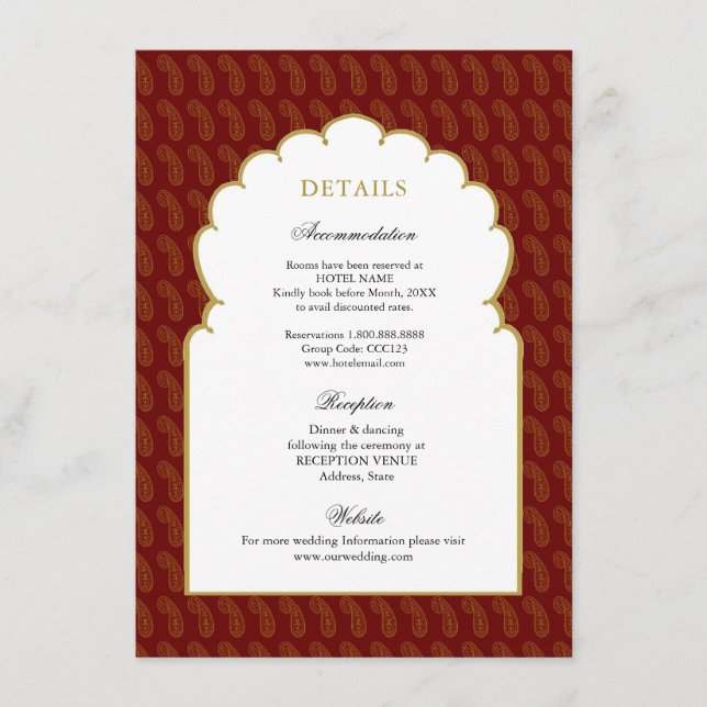 Tarjeta De Recepción Detalles del boda tradicional indio rojo y dorado (Anverso)