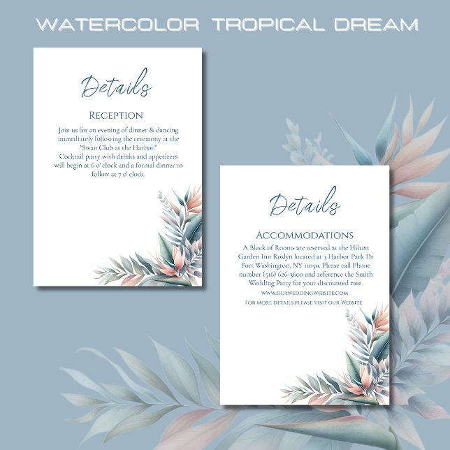 Tarjeta De Recepción Detalles del Boda tropical de acuarela - (Watercolor Tropical Dream Wedding Details-Coastal-Pastel Colors)