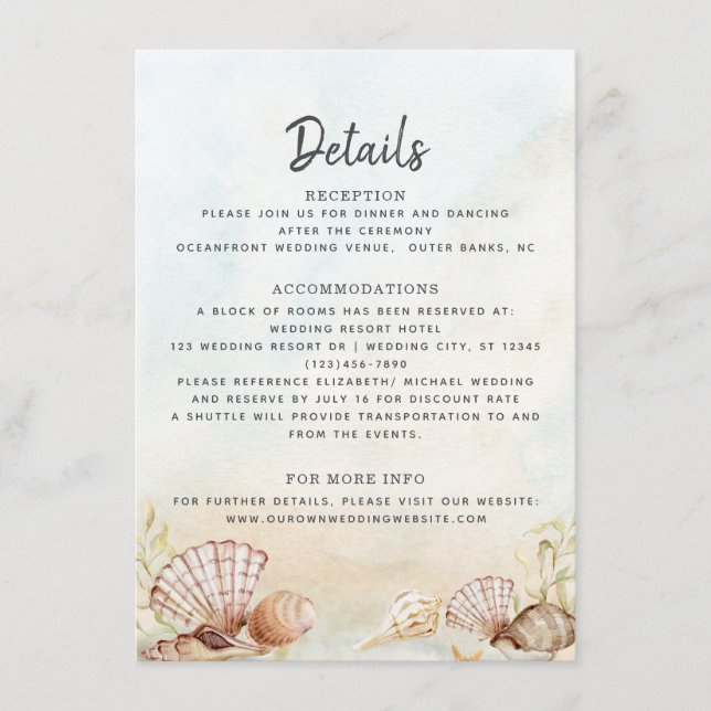 Tarjeta De Recepción Detalles del Boda tropical de las cáscaras de play (Anverso)