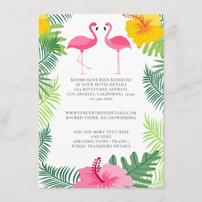 Tarjeta De Recepción Detalles del Boda tropical Flamingo rosa (Anverso)