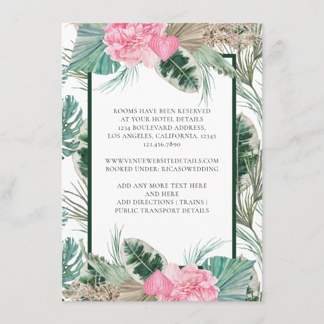 Tarjeta De Recepción Detalles del Boda tropical Flamingo rosa (Anverso)