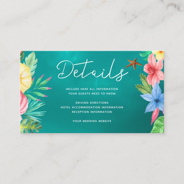 Tarjeta De Recepción Detalles del boda tropical hawaiano en la playa (Anverso)