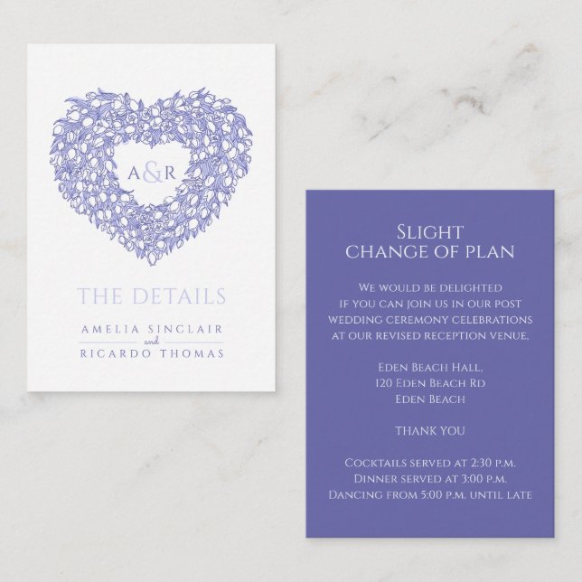 Tarjeta De Recepción detalles del boda tulip ramo monograma azul blanco (Anverso / Reverso)