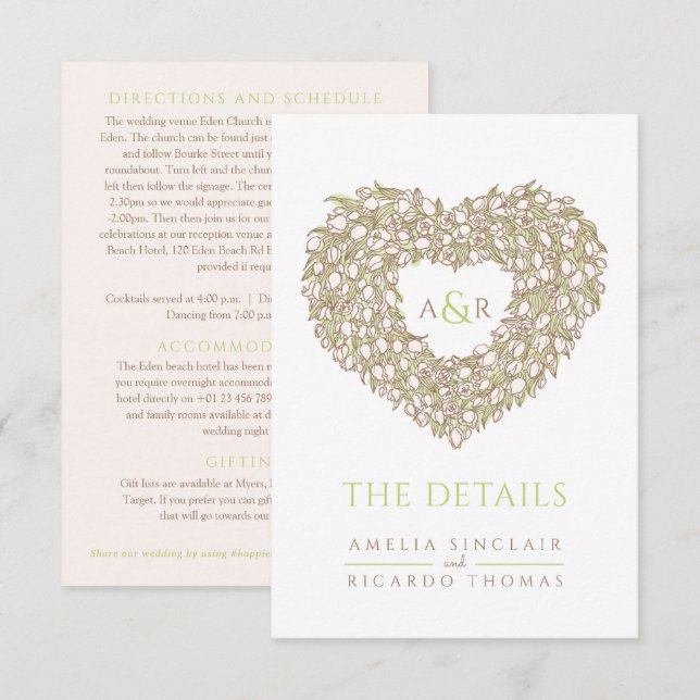 Tarjeta De Recepción detalles del boda tulip ramo monograma marrón verd (Anverso / Reverso)