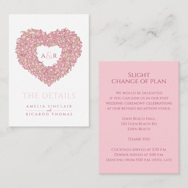 Tarjeta De Recepción detalles del boda tulipanes rosados monograma de r (Anverso / Reverso)