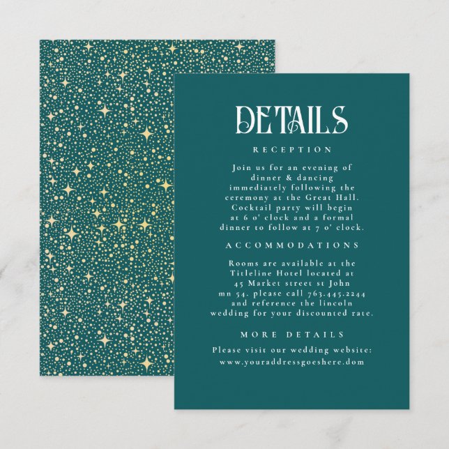 Tarjeta De Recepción Detalles del Boda Verde azulado de las estrellas d (Anverso / Reverso)