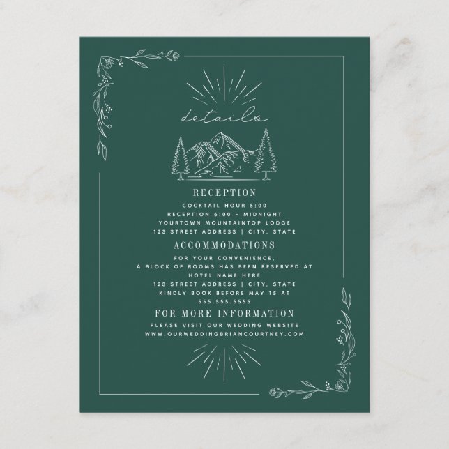 Tarjeta De Recepción Detalles del Boda Verde azulado de las Montañas de (Anverso)