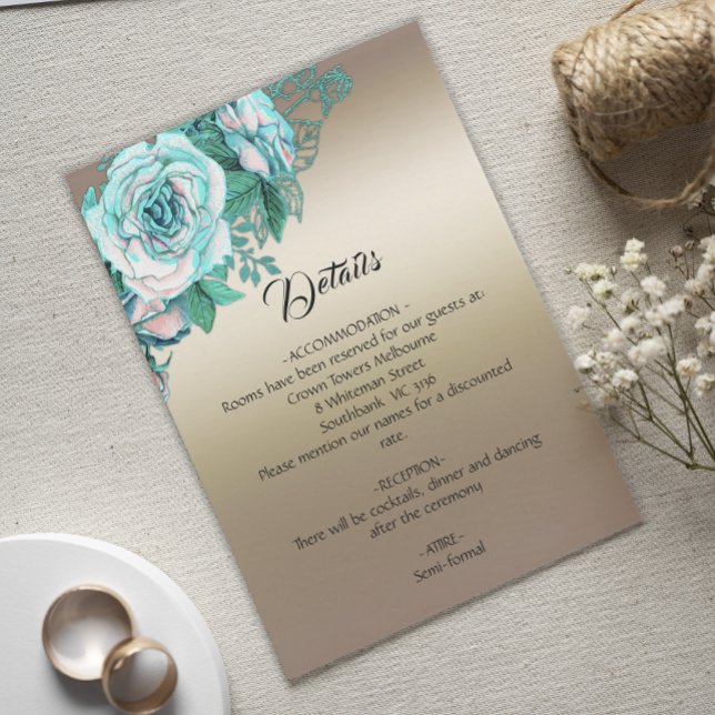 Tarjeta De Recepción Detalles del Boda verde azulado Floral Romance Gol (Subido por el creador)