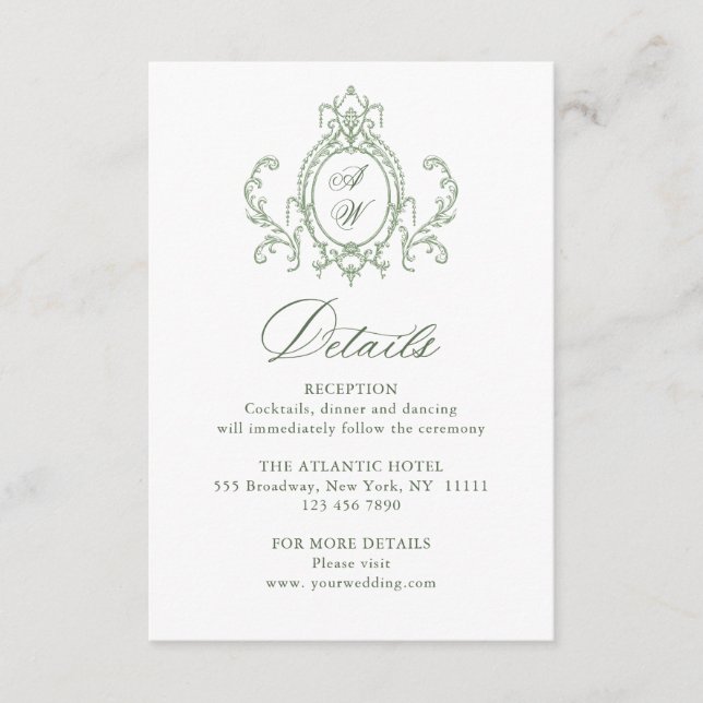 Tarjeta De Recepción Detalles del Boda verde de la salvia floral de la  (Anverso)