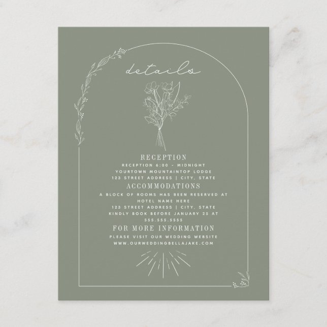 Tarjeta De Recepción Detalles del Boda verde del arte de la línea Bouqu (Anverso)