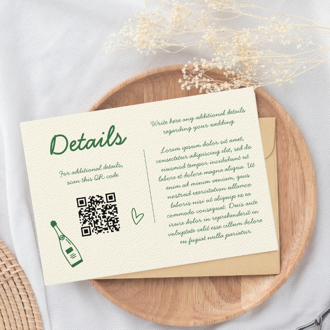 Tarjeta De Recepción Detalles del Boda verde del esbozo retro dibujado  (Details green enclosure card, wedding qr code)