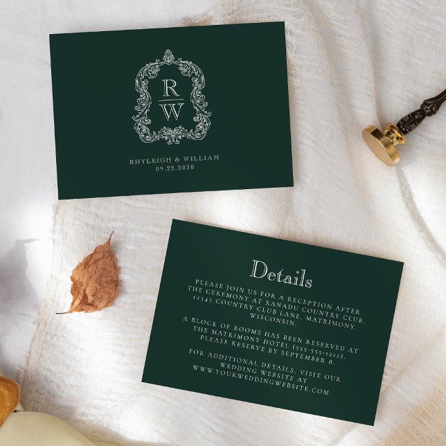 Tarjeta De Recepción Detalles del Boda verde del Escudo del monograma (Subido por el creador)