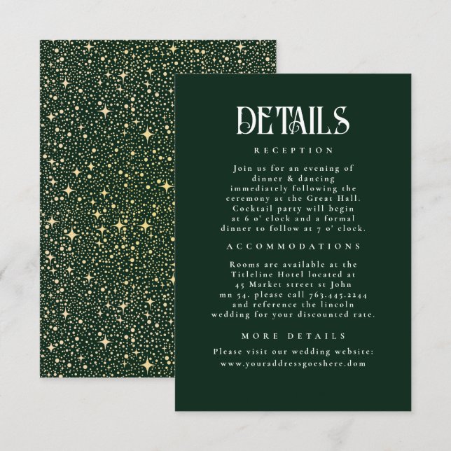 Tarjeta De Recepción Detalles del Boda verde esmeralda de las estrellas (Anverso / Reverso)