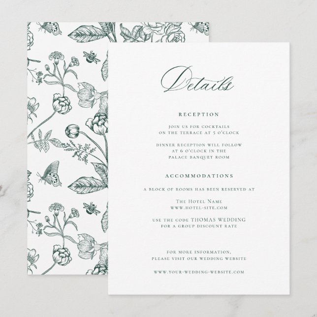 Tarjeta De Recepción Detalles del Boda verde esmeralda Regency (Anverso / Reverso)