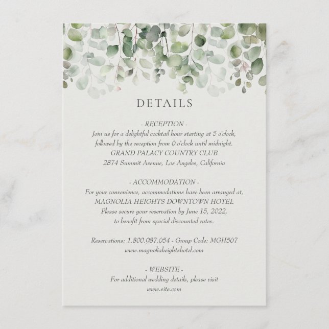 Tarjeta De Recepción Detalles del Boda verde Eucalyptus Sage (Anverso)
