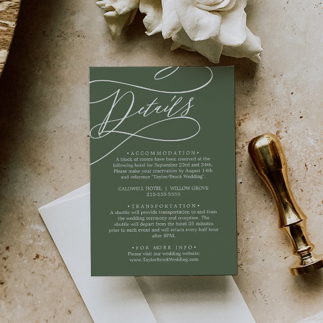 Tarjeta De Recepción Detalles del Boda verde oliva rústico SOPHIA (SOPHIA Rustic Woodland Olive Green Wedding Details Enclosure Card)