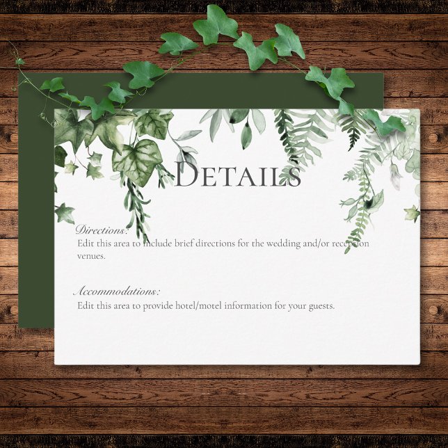 Tarjeta De Recepción Detalles del Boda verde rústico Ivy & Sage Green (Rustic Ivy & Sage Greenery Green Wedding Details Enclosure Card)