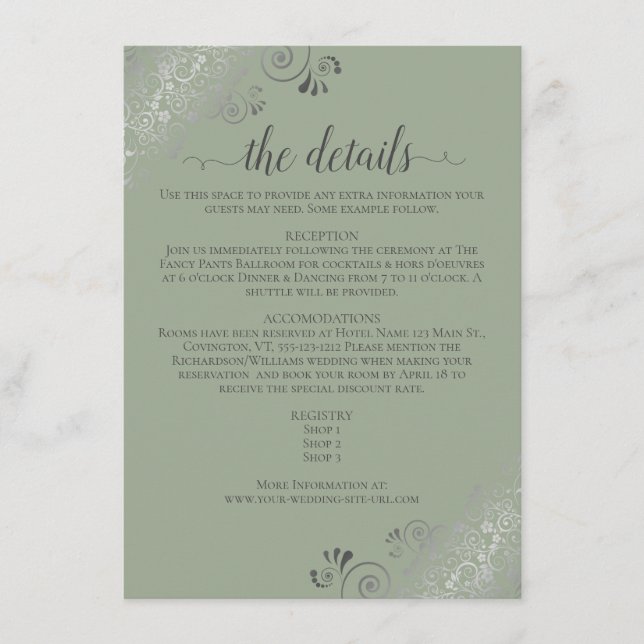 Tarjeta De Recepción Detalles del Boda verde sabio de Moda Silver Frill (Anverso)