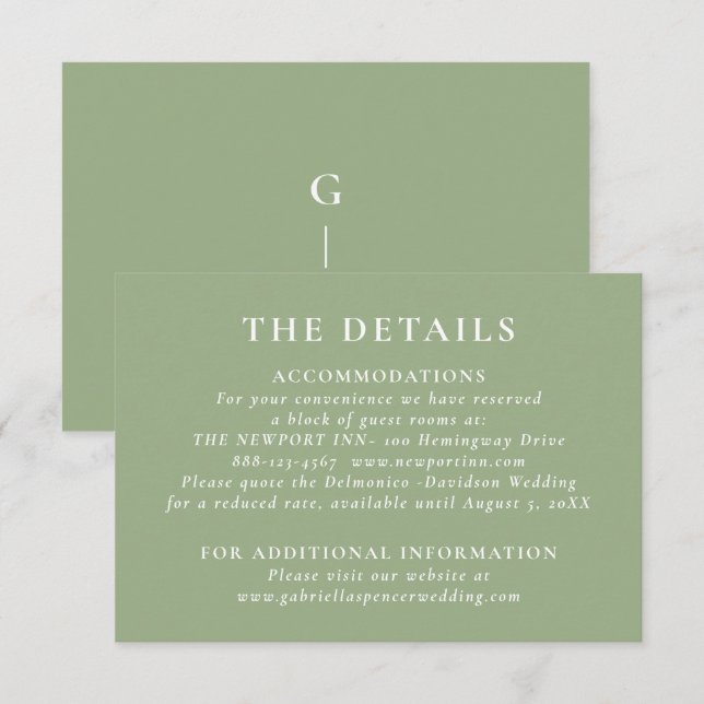 Tarjeta De Recepción Detalles del Boda verde sabio moderno (Anverso / Reverso)