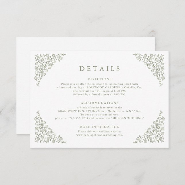 Tarjeta De Recepción Detalles del Boda verde Sage Floral Timeless Simpl (Anverso / Reverso)