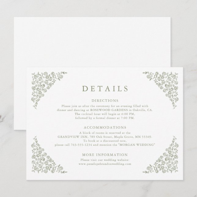 Tarjeta De Recepción Detalles del Boda verde Sage Floral Timeless Simpl (Anverso / Reverso)