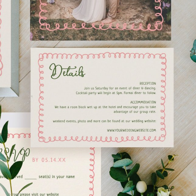 Tarjeta De Recepción Detalles del Boda verde y rosa francés manuscrito (Subido por el creador)