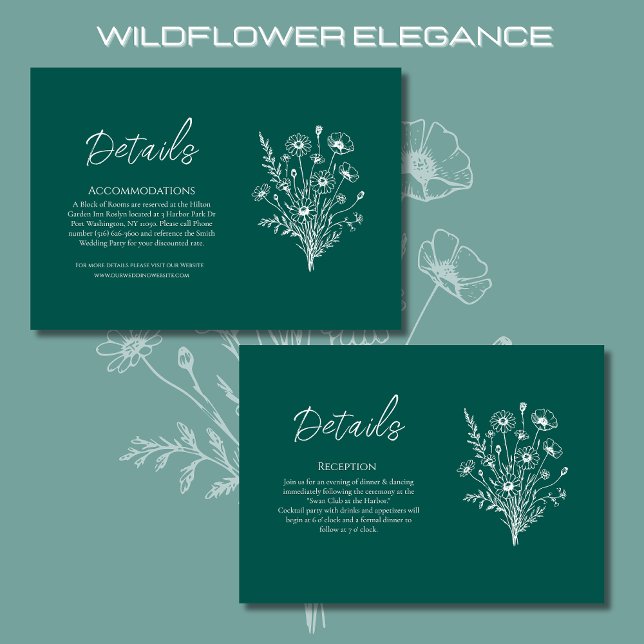 Tarjeta De Recepción Detalles del Boda Wildflower Elegance- (Wildflower Elegance Wedding Details-Emerald Green-Rustic, Country, Bohemian)