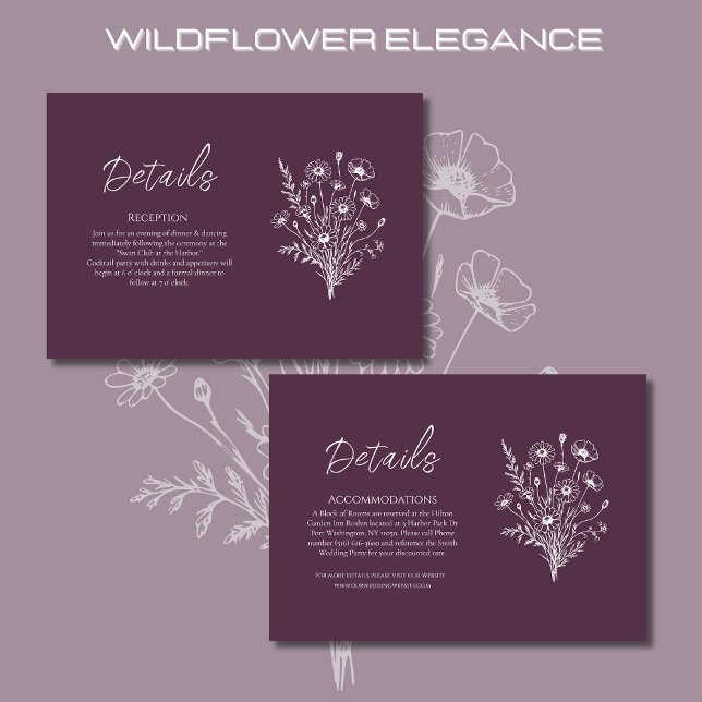 Tarjeta De Recepción Detalles del Boda Wildflower Elegance- (Wildflower Elegance Wedding Details Purple-Rustic, Country, Bohemian)