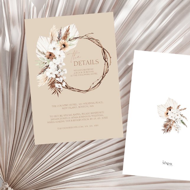 Tarjeta De Recepción Detalles del Boho Beige Dried Floral Wreath Boda (Boho Terracotta Floral Wreath Wedding Details Enclosure Card)
