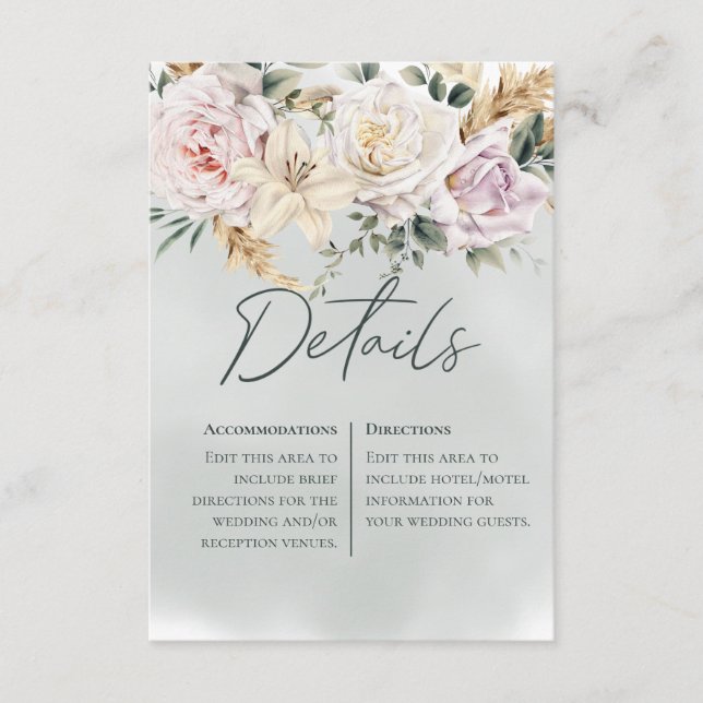 Tarjeta De Recepción Detalles del Boho Pampas y rosas rosas rosas verde (Anverso)