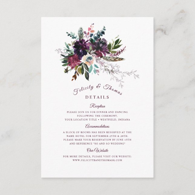 Tarjeta De Recepción Detalles del Bouquet Boda Floral Borgoña Boho (Anverso)