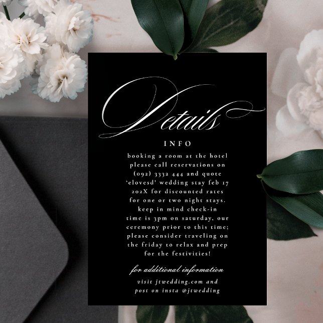 Tarjeta De Recepción Detalles del caligrafía clásica Boda blanco negro (Subido por el creador)