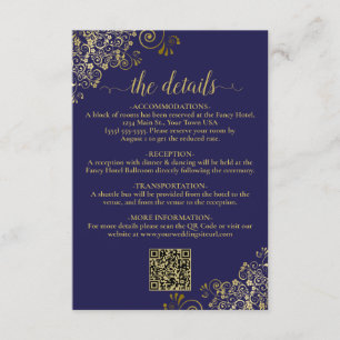 Tarjeta De Recepción Detalles del código QR del Boda azul y oro de la m