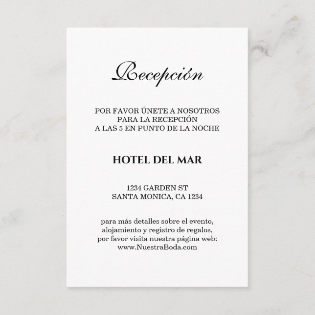 Tarjeta De Recepción Detalles del elegante bianco español y negro boda (Anverso)