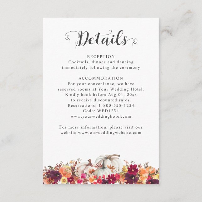 Tarjeta De Recepción Detalles del elegante Boda de calabaza floral de o (Anverso)
