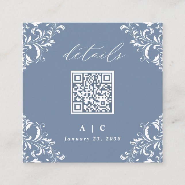 Tarjeta De Recepción Detalles del elegante Boda de código QR azul turbi (Anverso)