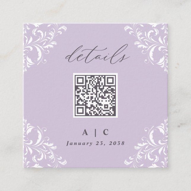 Tarjeta De Recepción Detalles del elegante Boda de código QR púrpura de (Anverso)