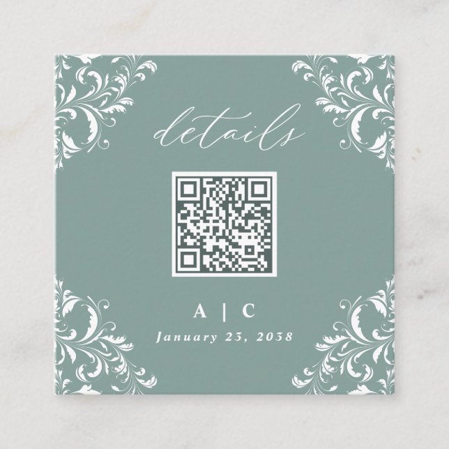 Tarjeta De Recepción Detalles del elegante Boda de código QR verde mari (Anverso)