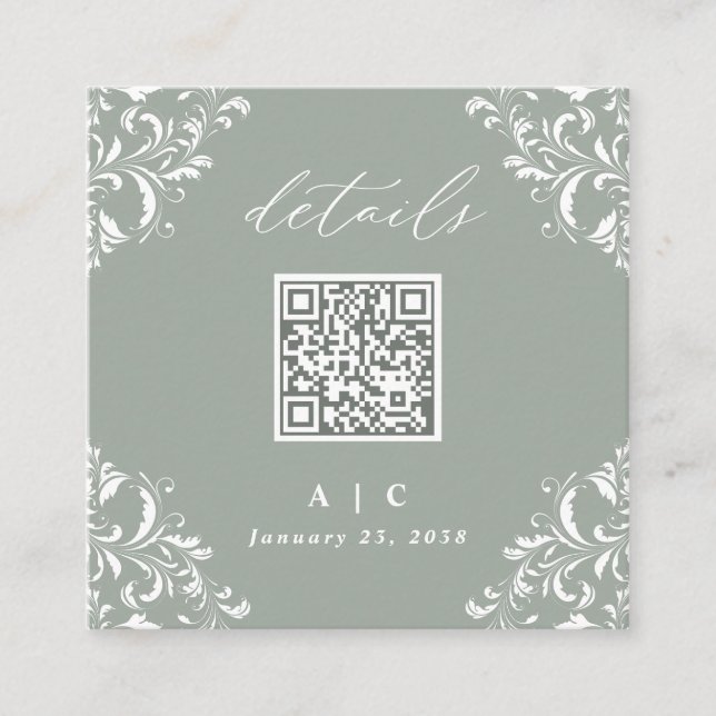 Tarjeta De Recepción Detalles del elegante Boda de código QR verde sabi (Anverso)