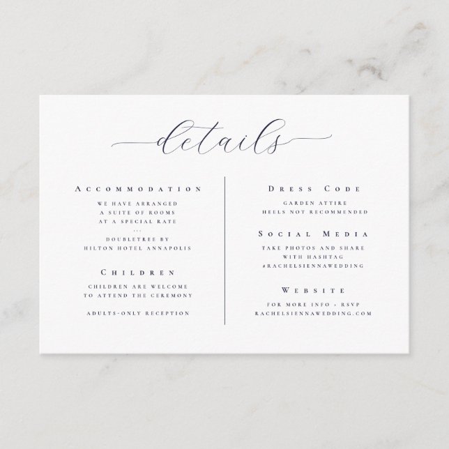 Tarjeta De Recepción Detalles del elegante Boda de escritura Minimalist (Anverso)