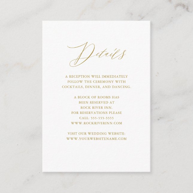 Tarjeta De Recepción Detalles del elegante Boda de guiones dorados blan (Anverso)