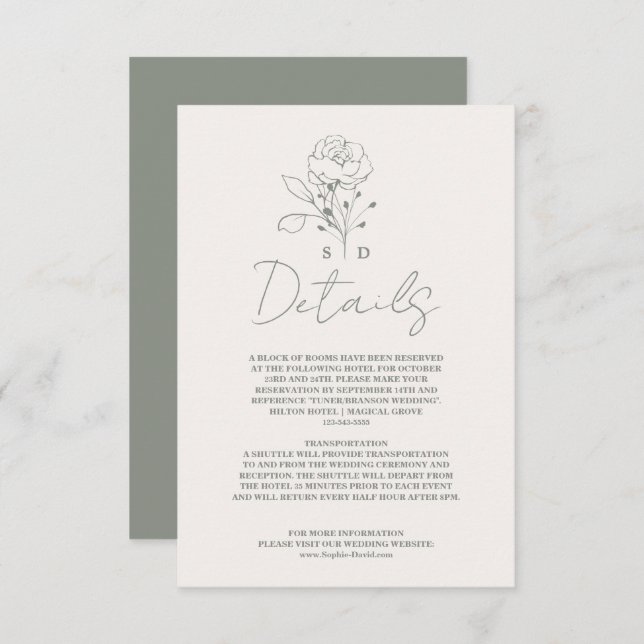 Tarjeta De Recepción Detalles del elegante Boda de Monograma Verde Sage (Anverso / Reverso)
